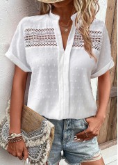 White Patchwork Short Sleeve Split Neck Blouse | thumb picture 