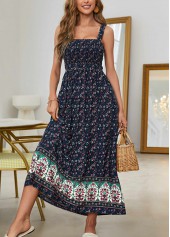 Navy Smocked Ditsy Floral Print Strappy Dress