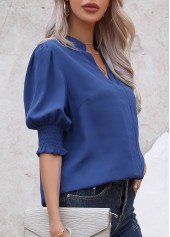 Dark Blue Smocked Half Sleeve Split Neck Blouse | thumb picture 