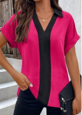 Black Patchwork Short Sleeve V Neck Blouse