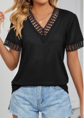 Black Patchwork Short Sleeve V Neck T Shirt | thumb picture 