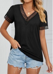 Black Patchwork Short Sleeve V Neck T Shirt