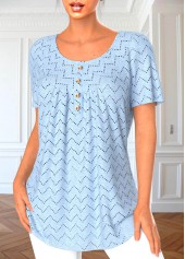 Light Blue Button Short Sleeve Round Neck Blouse