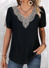 Black Lace Short Sleeve V Neck T Shirt