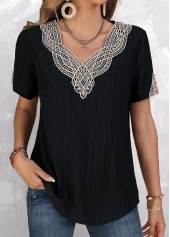 Black Lace Short Sleeve V Neck T Shirt