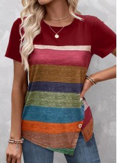 Red Split Striped Short Sleeve T Shirt