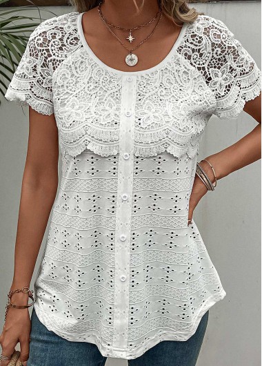 White Lace Short Sleeve Round Neck T Shirt | modlily.com - USD 33.98