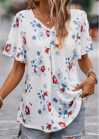 women clothes image of White Floral Print Short Sleeve V Neck Blouse