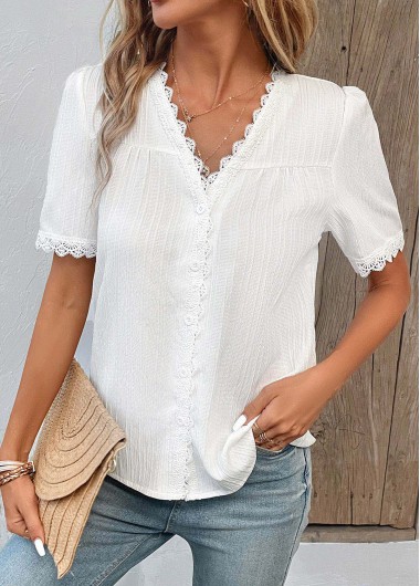 women clothes image of White Patchwork Short Sleeve V Neck Blouse