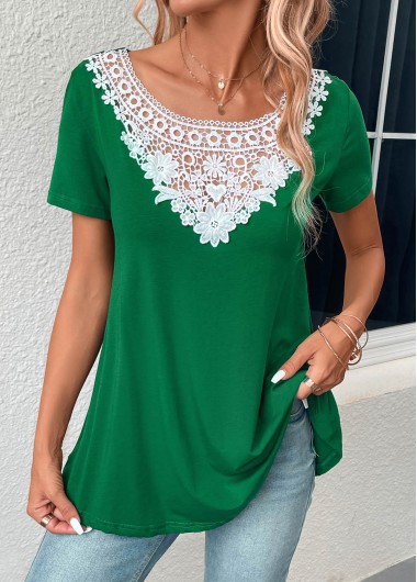 Modlily Green Patchwork Short Sleeve Boat Neck T Shirt - S