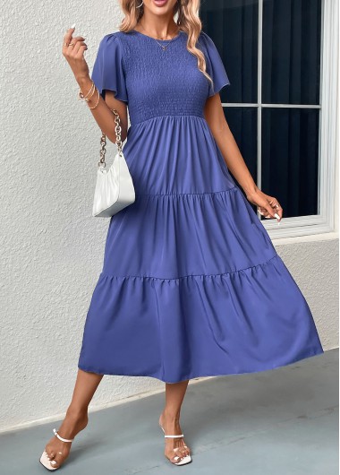 Modlily Blue Smocked Short Sleeve Round Neck Dress - 3XL