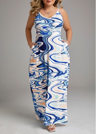 Modlily Blue Pocket Plus Size Wave Pattern Print Maxi Dress - 4XL