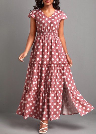 Modlily Pink Split Polka Dot Short Sleeve Maxi Dress - S