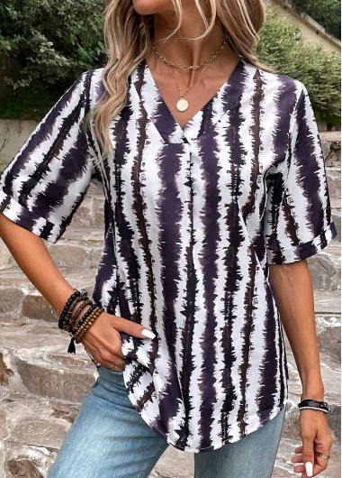 women clothes image of Multi Color Patchwork Striped Short Sleeve Blouse