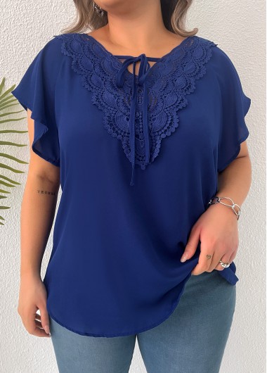 Modlily Dark Blue Lace Plus Size T Shirt - 4XL