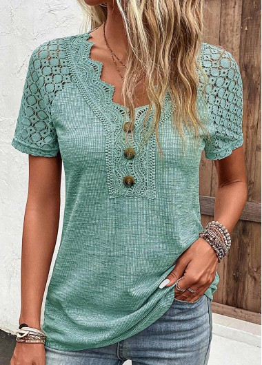 women clothes image of Green Lace Short Sleeve V Neck T Shirt