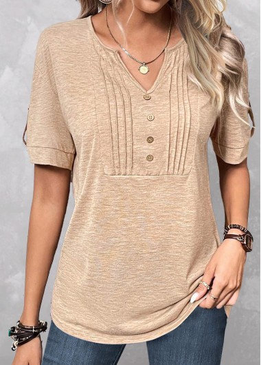 women clothes image of Light Camel Button Short Sleeve T Shirt