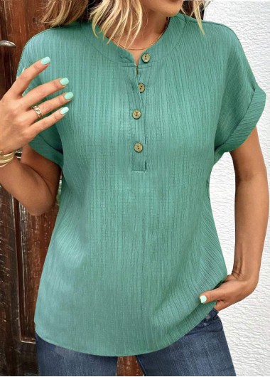 women clothes image of Green Button Short Sleeve V Neck T Shirt