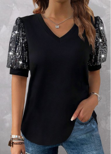 Modlily Black Sequin Short Sleeve V Neck T Shirt - XL