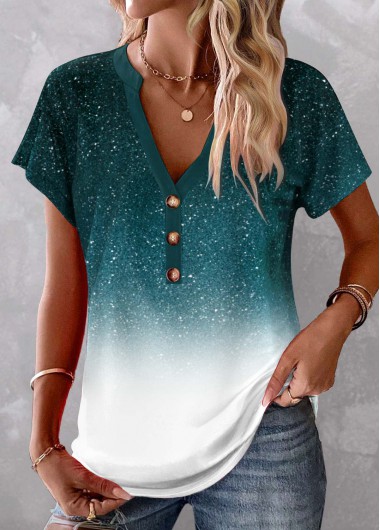 women clothes image of Turquoise Button Ombre Short Sleeve V Neck Blouse