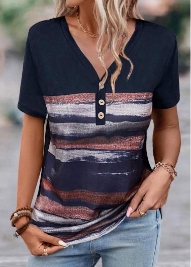 women clothes image of Navy Button Striped Short Sleeve T Shirt