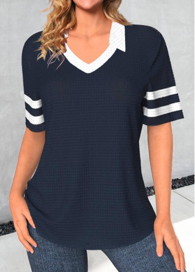 Modlily Navy Patchwork Short Sleeve Polo Collar T Shirt - XL