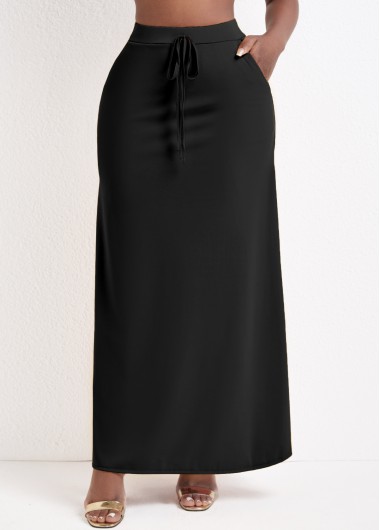 Modlily Black Pocket A Line Drawastring Maxi Skirt - M