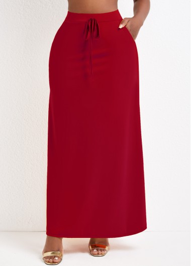 Modlily Wine Red Pocket A Line Drawastring Maxi Skirt - L