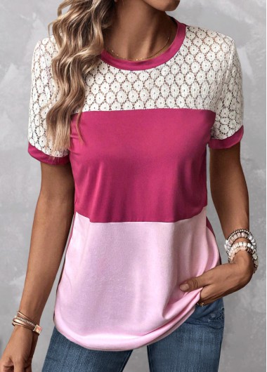 women clothes image of Pink Patchwork Short Sleeve Round Neck T Shirt