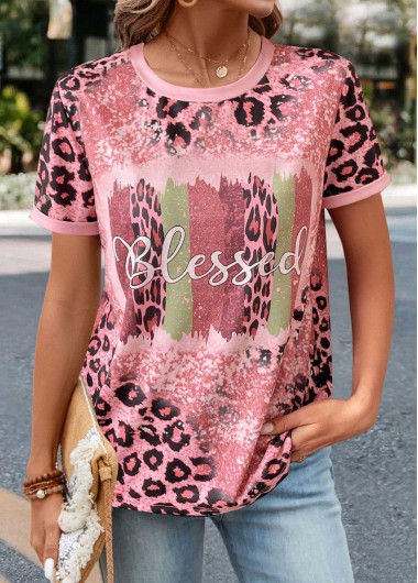 Modlily Pink Patchwork Leopard Short Sleeve T Shirt - S
