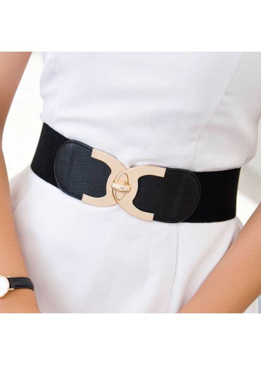 Wide Black Elastic Design Faux Leather Belt