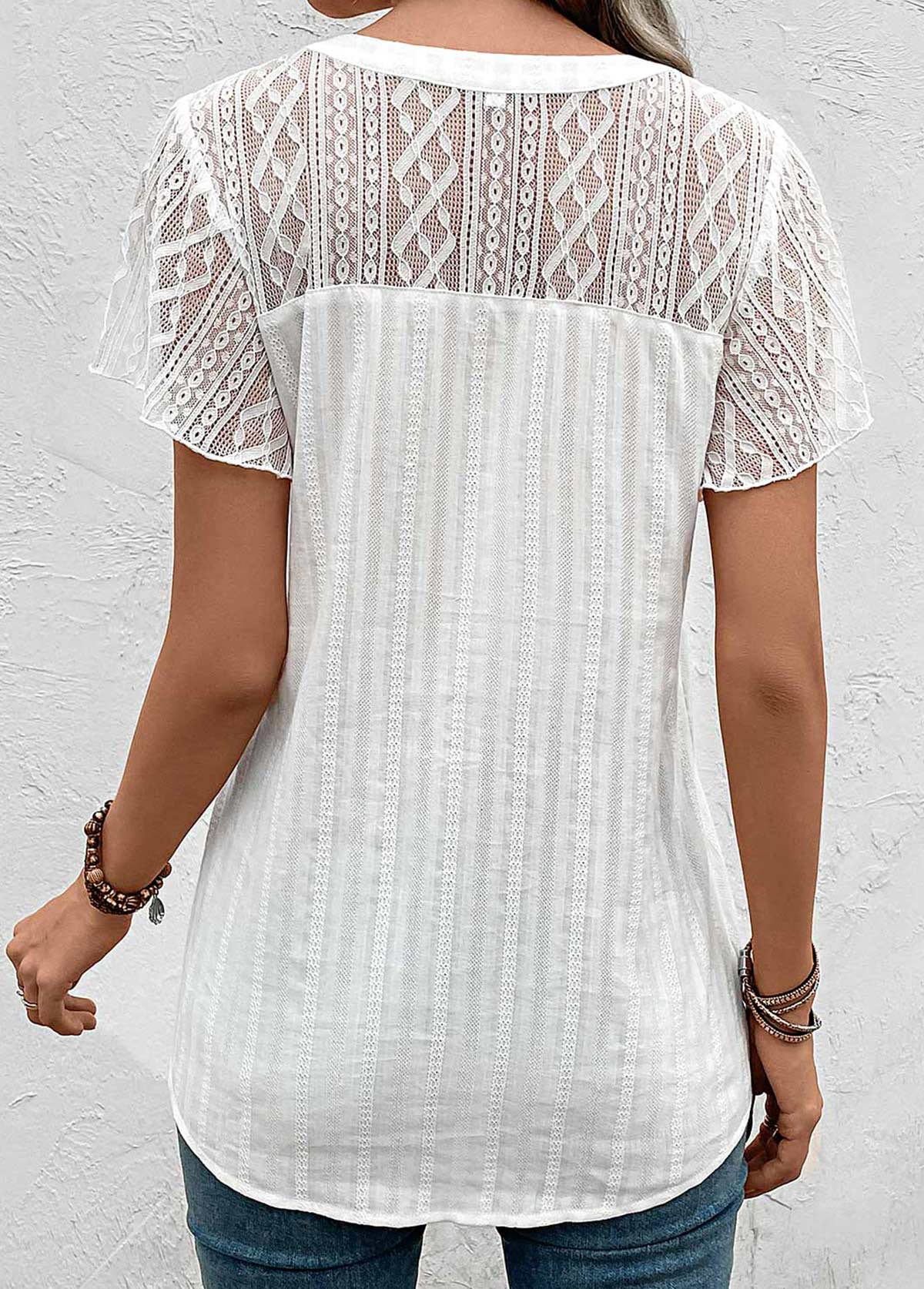 White Lace Short Sleeve Split Neck Blouse | picture 
