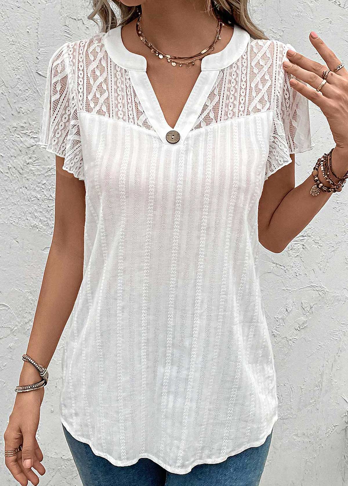 White Lace Short Sleeve Split Neck Blouse | picture 