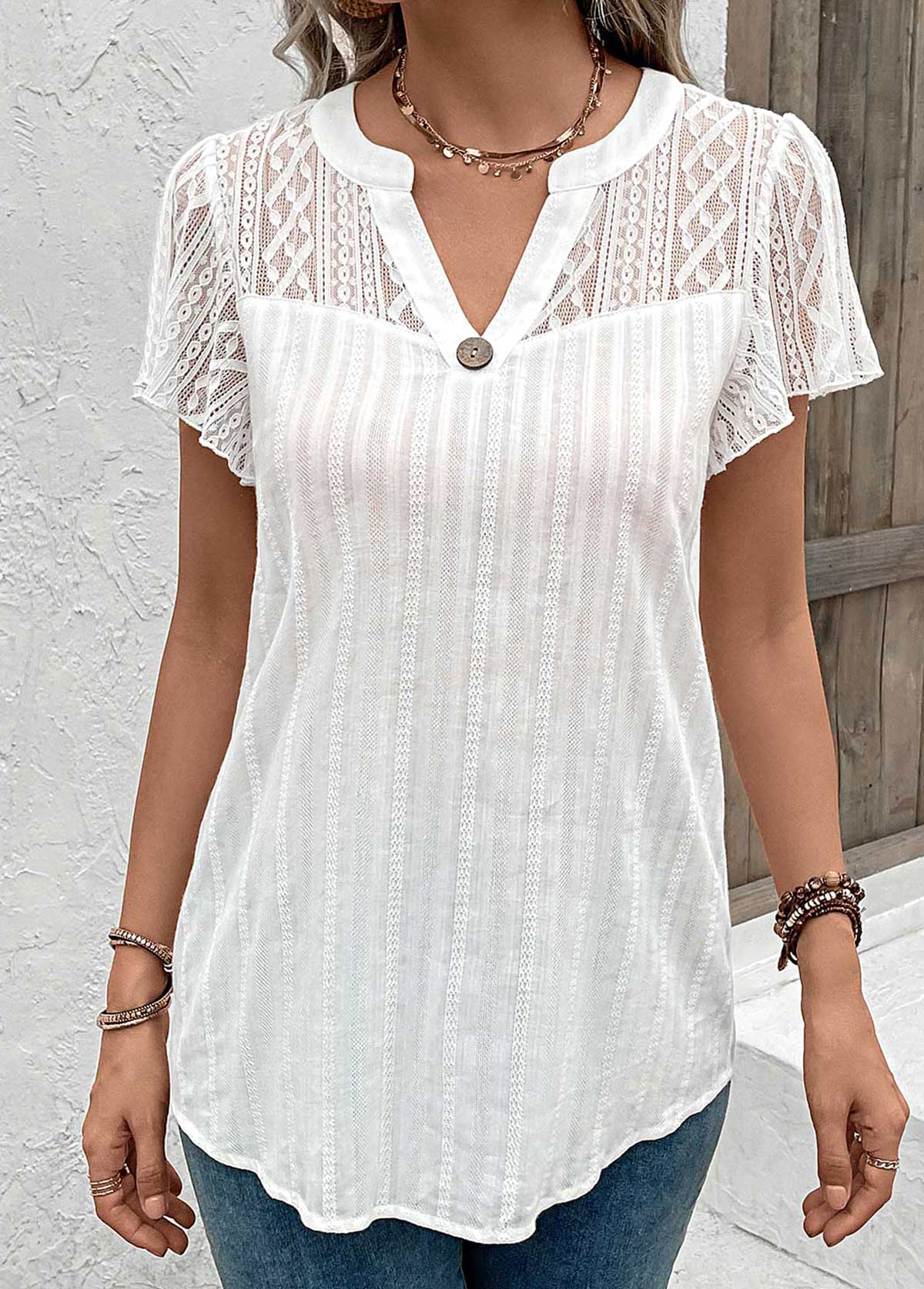White Lace Short Sleeve Split Neck Blouse | picture 