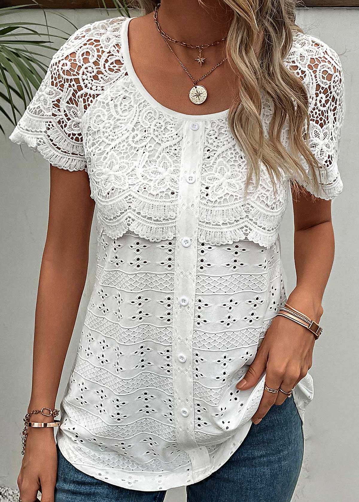White Lace Short Sleeve Round Neck T Shirt | modlily.com - USD 28.98