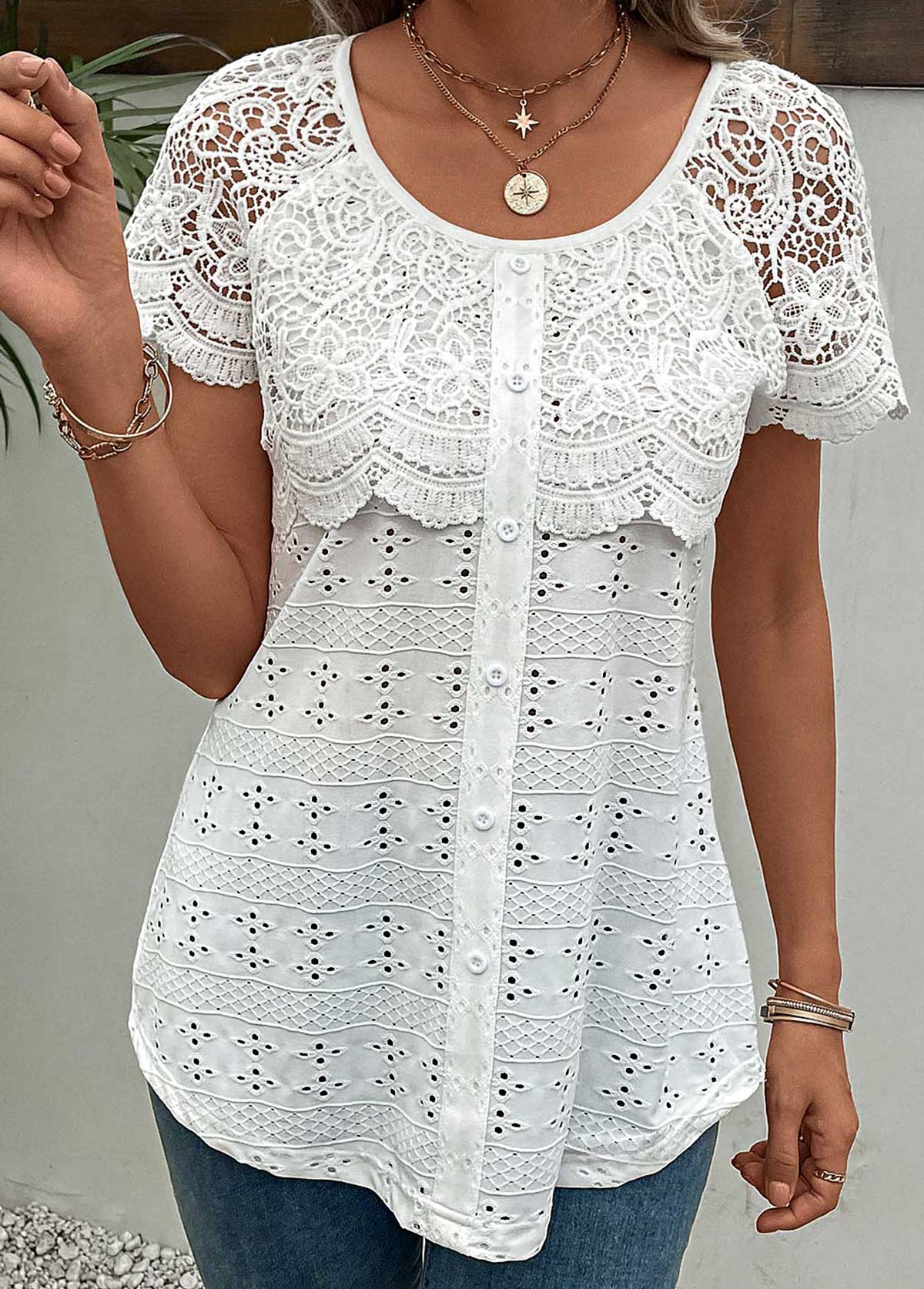 White Lace Short Sleeve Round Neck T Shirt | modlily.com - USD 33.98