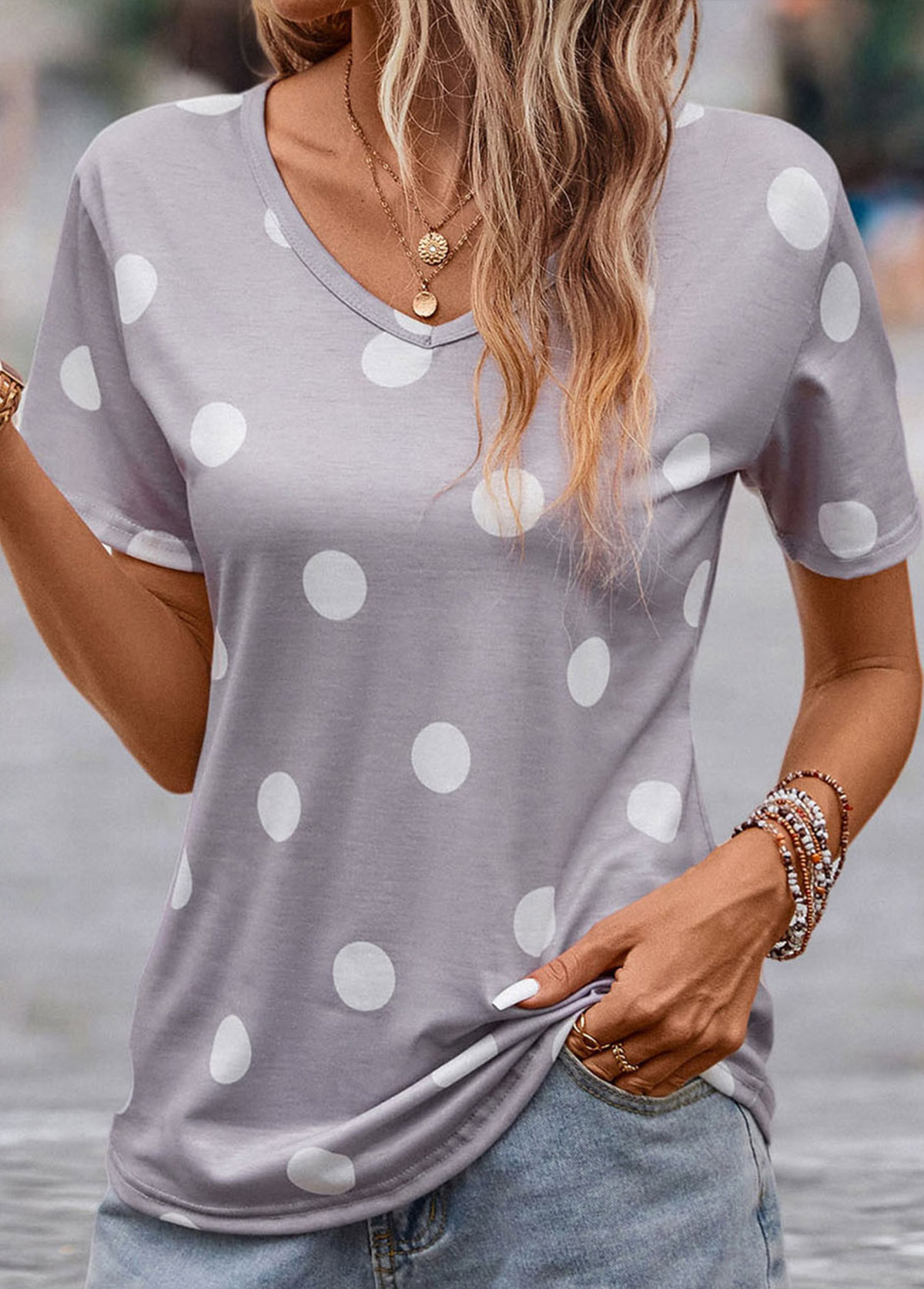 Grey Lightweight Polka Dot Short Sleeve T Shirt