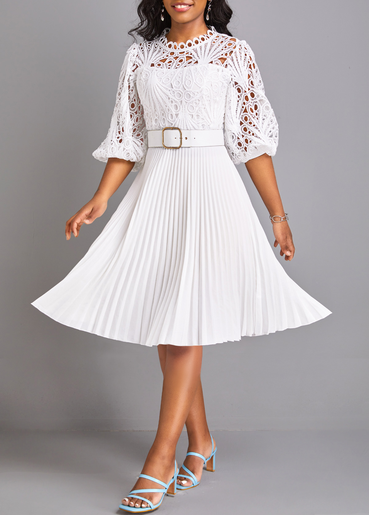 White Pleated Belted Three Quarter Length Sleeve Dress