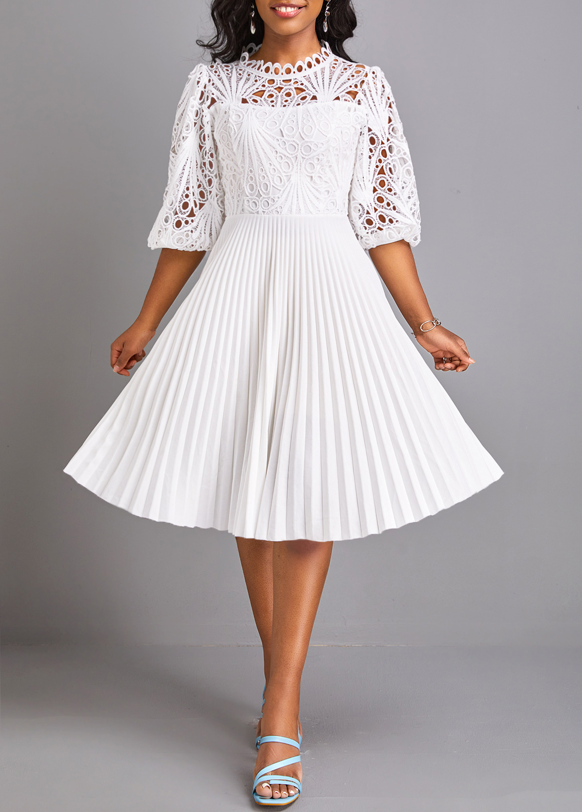 White Pleated Belted Three Quarter Length Sleeve Dress