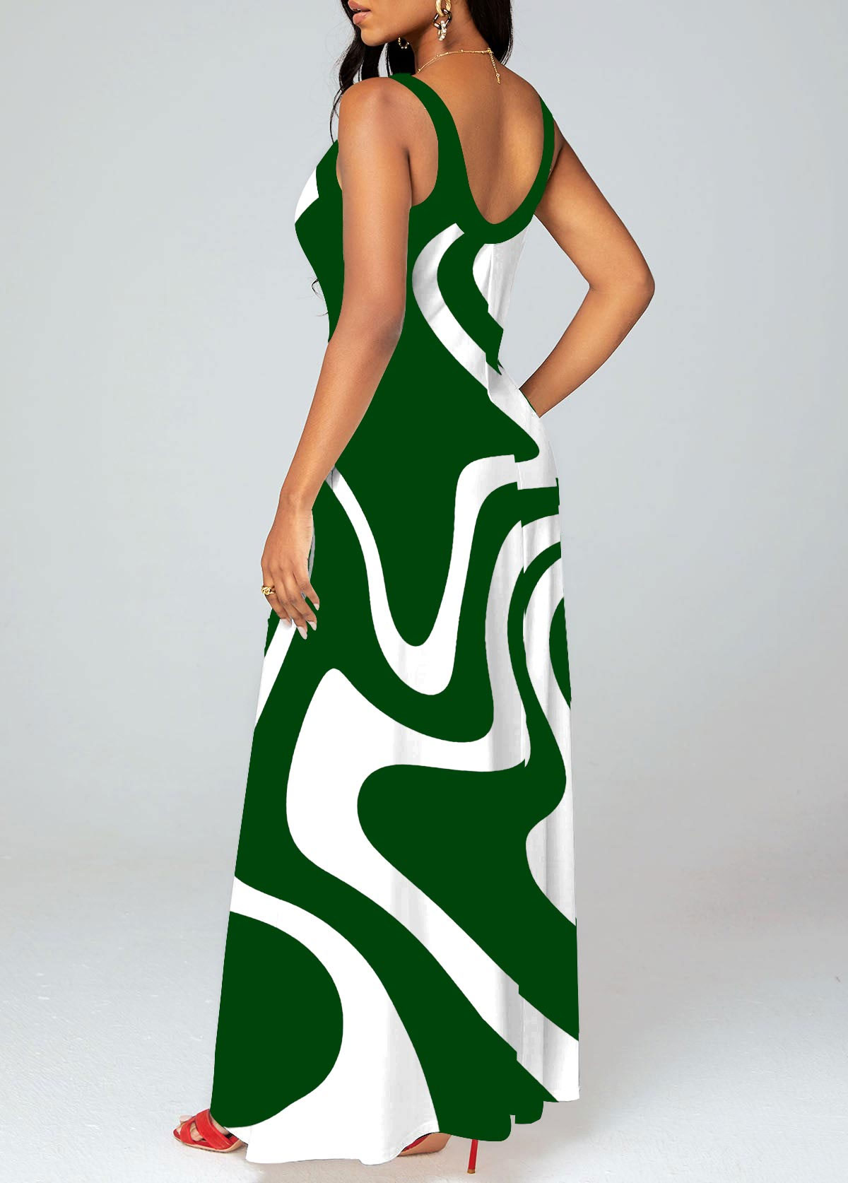Green Criss Cross Geometric Print Maxi Dress
