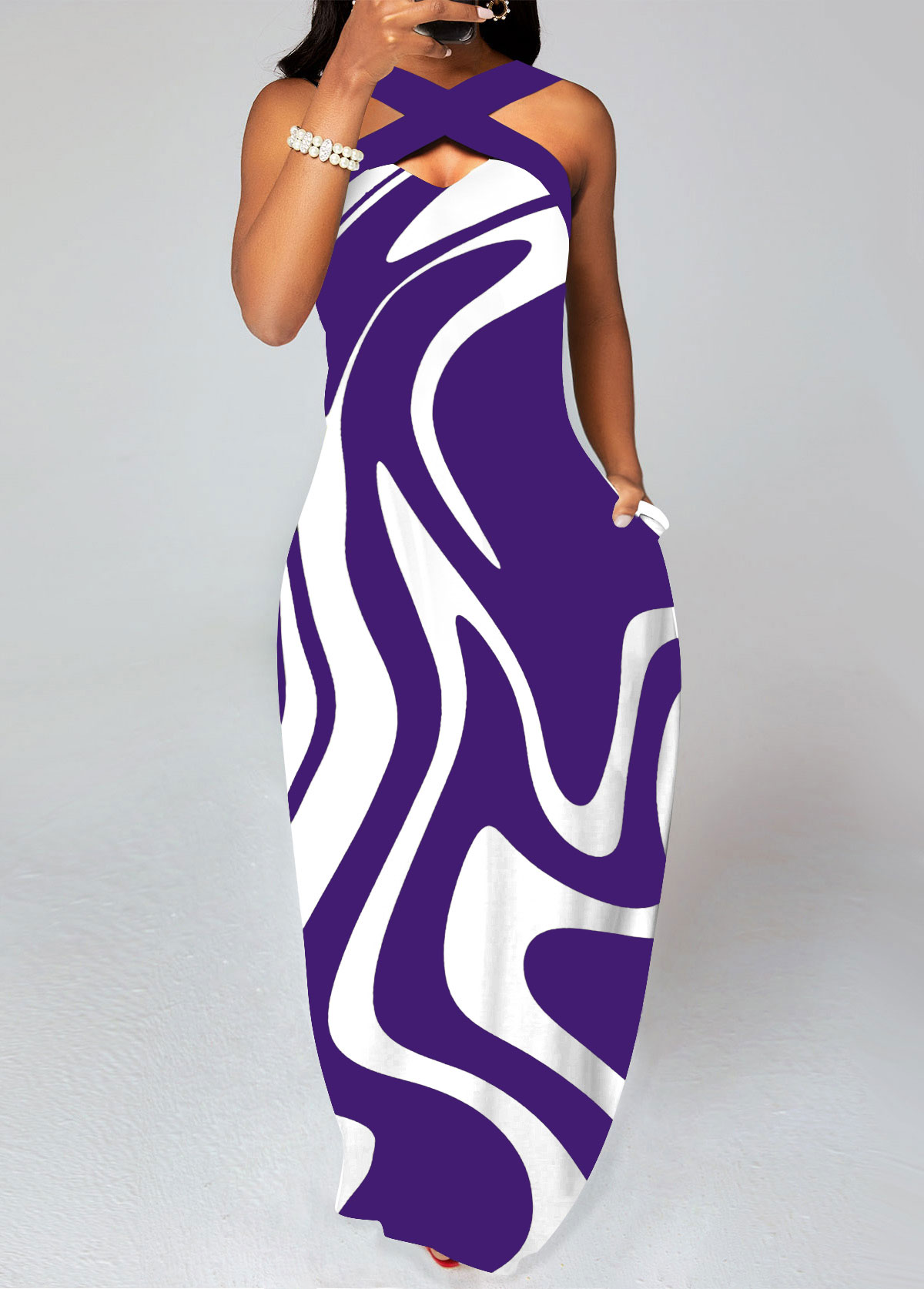 Purple Criss Cross Geometric Print Maxi Dress