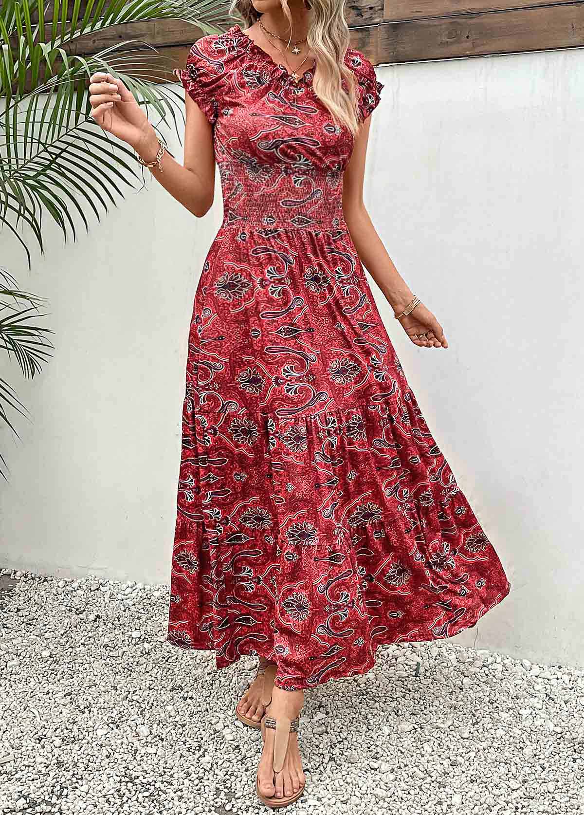 Wine Red Smocked Tribal Print Maxi Dress