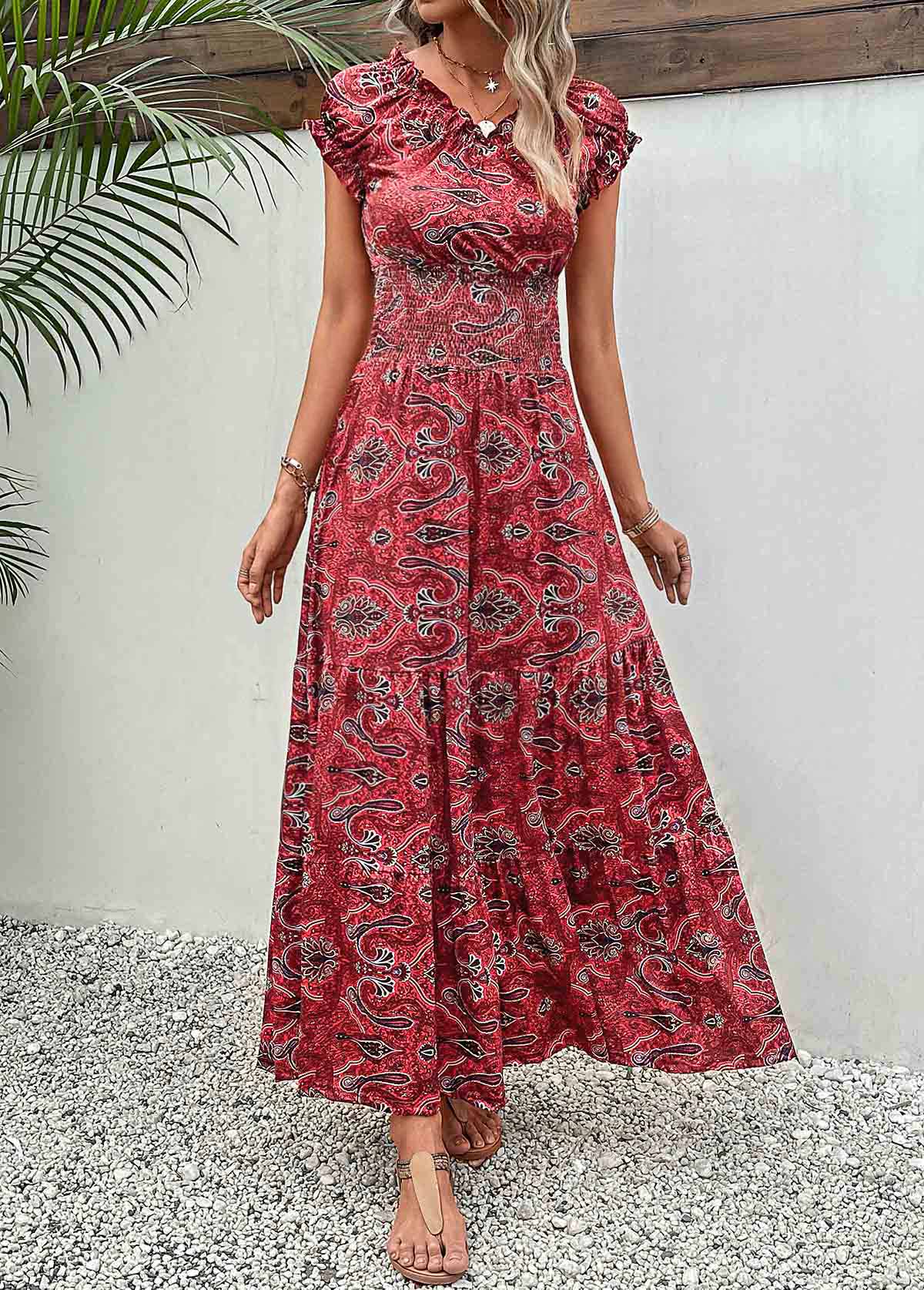 Wine Red Smocked Tribal Print Maxi Dress