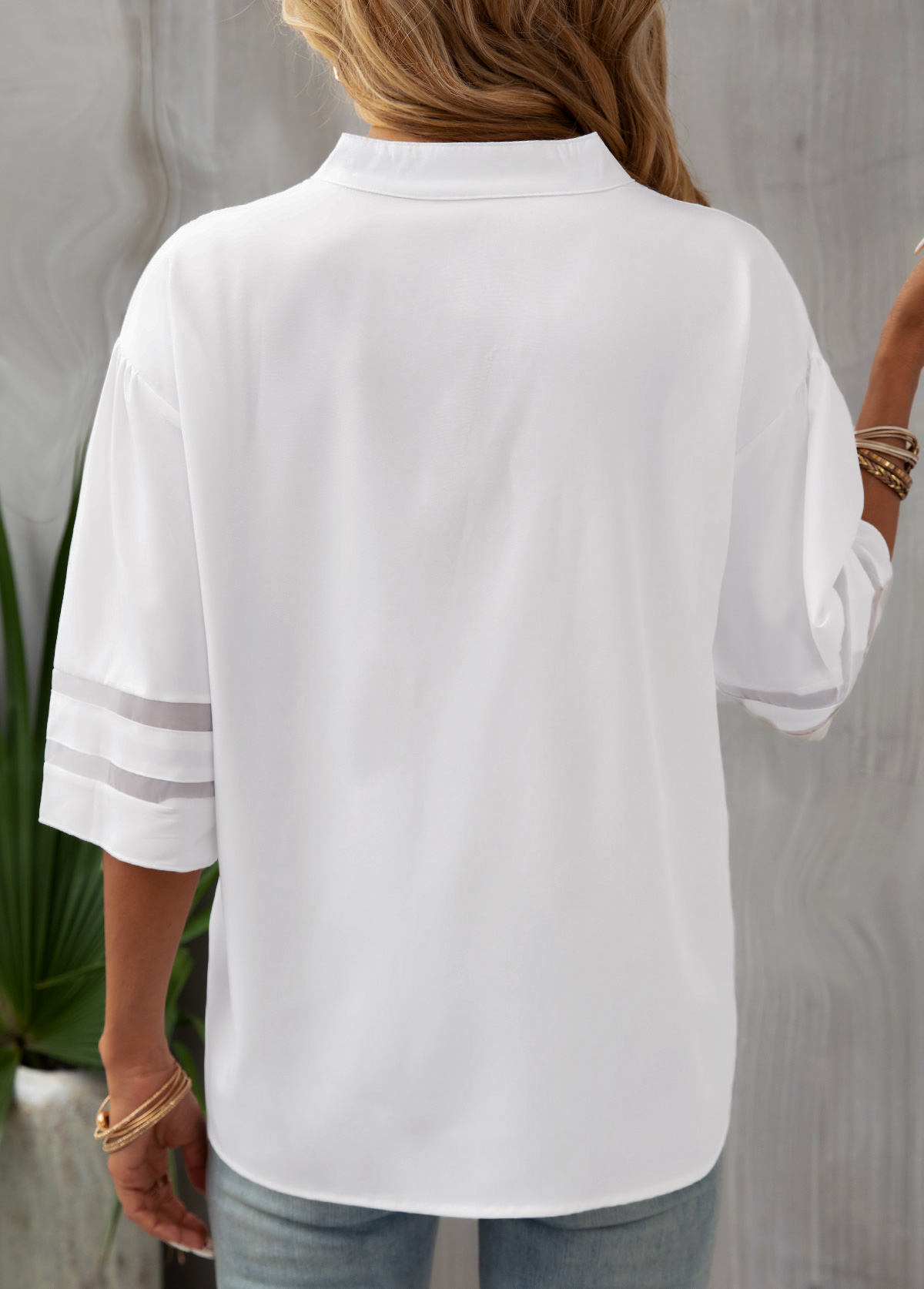 White Patchwork Three Quarter Length Sleeve Blouse