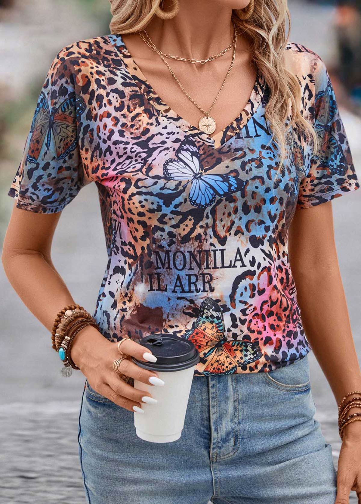Multi Color Butterfly Print Short Sleeve T Shirt