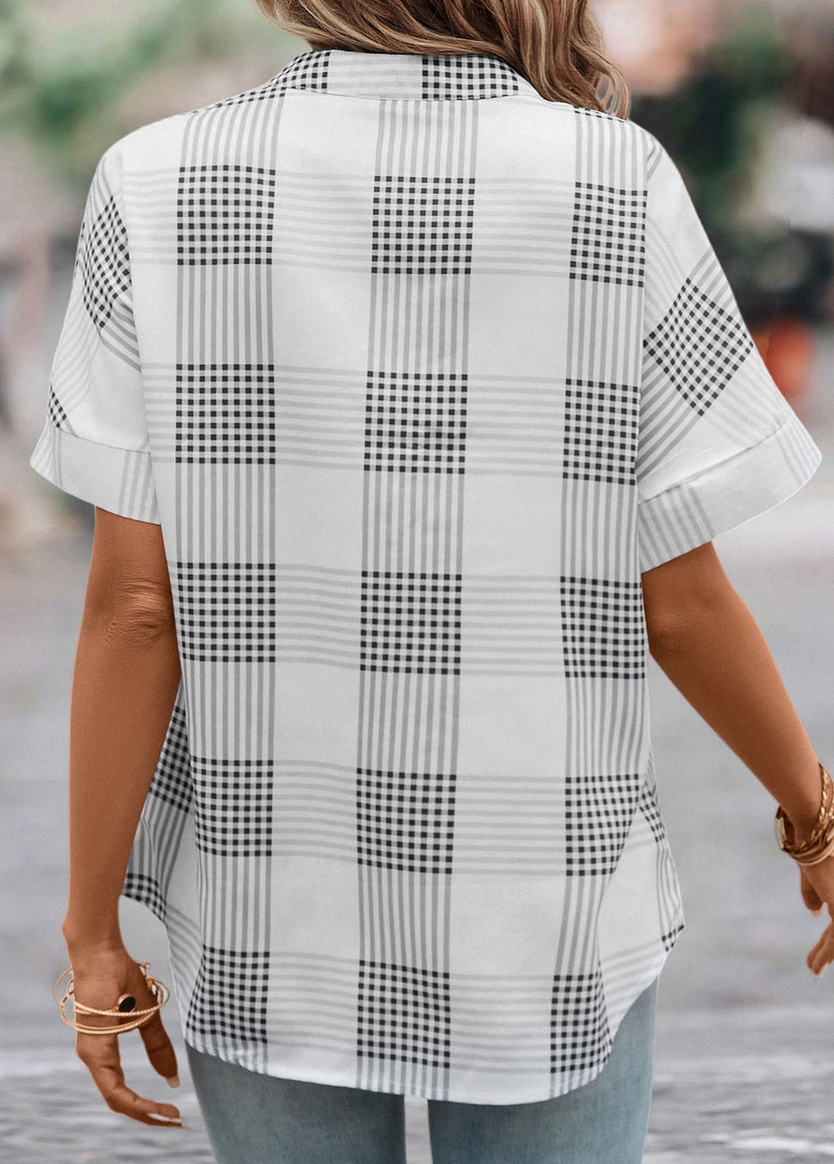Grey Split Plaid Short Sleeve Blouse | picture 