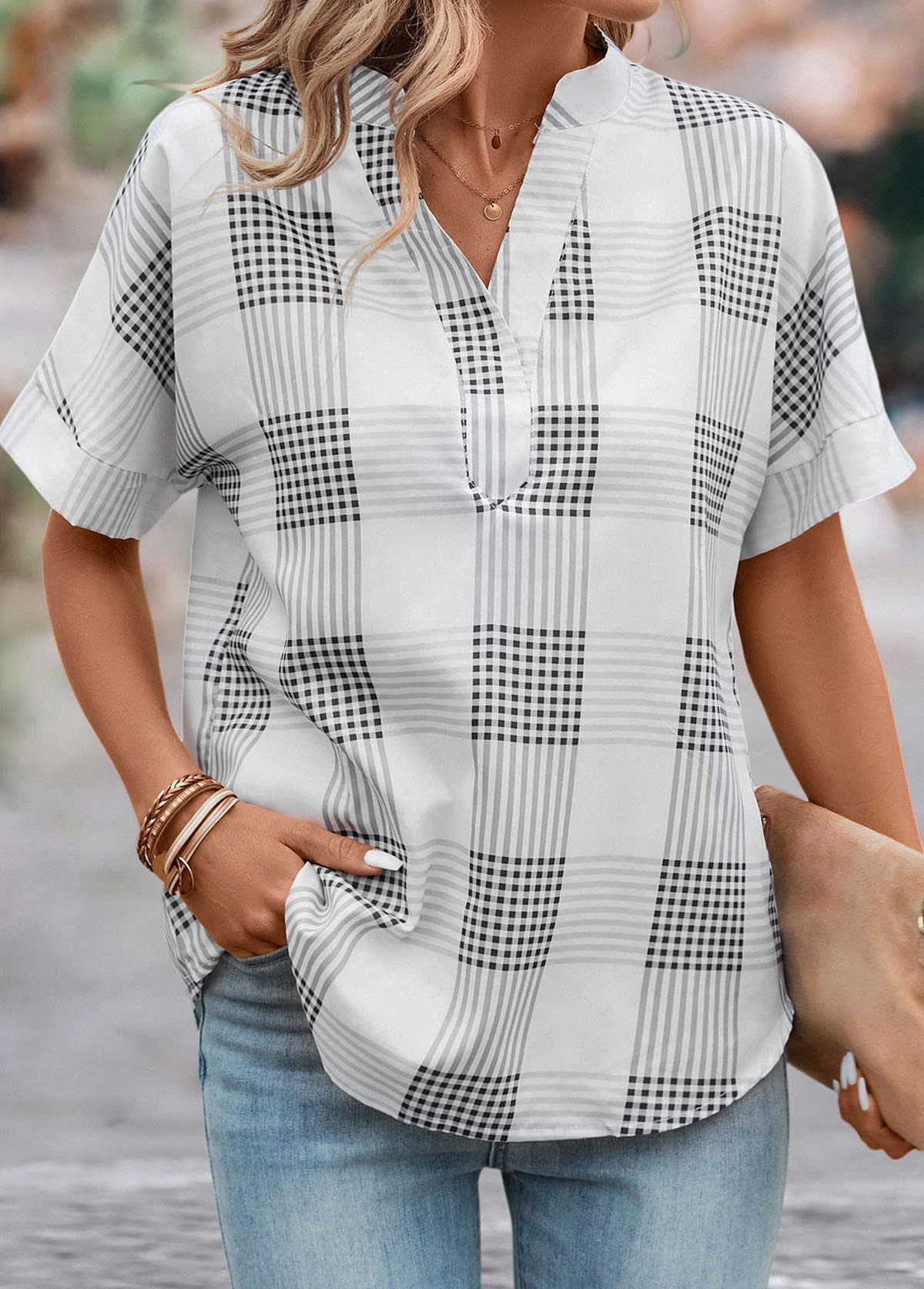 Grey Split Plaid Short Sleeve Blouse | picture 