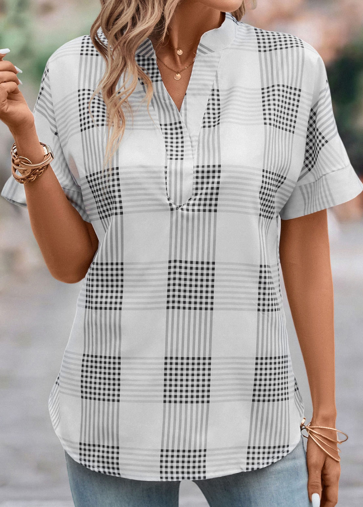 Grey Split Plaid Short Sleeve Blouse | picture 