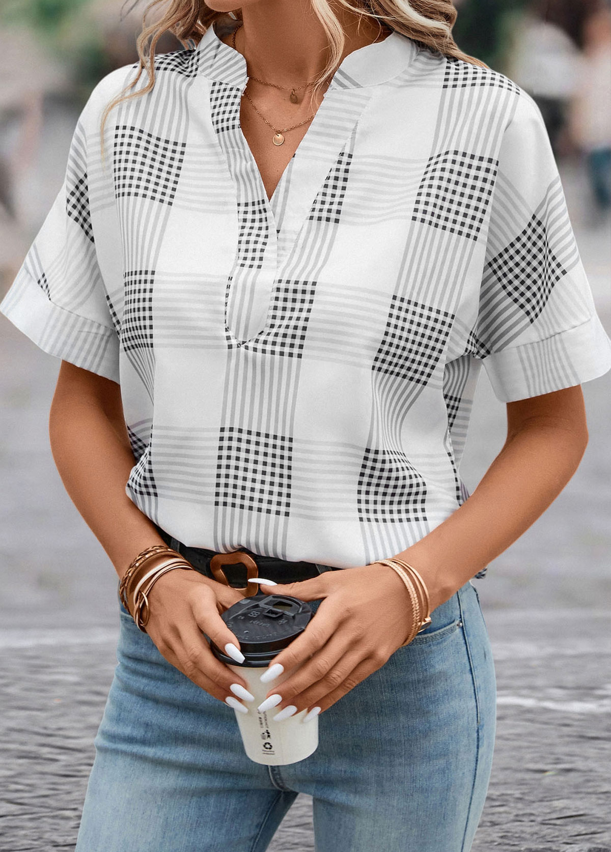 Grey Split Plaid Short Sleeve Blouse | picture 