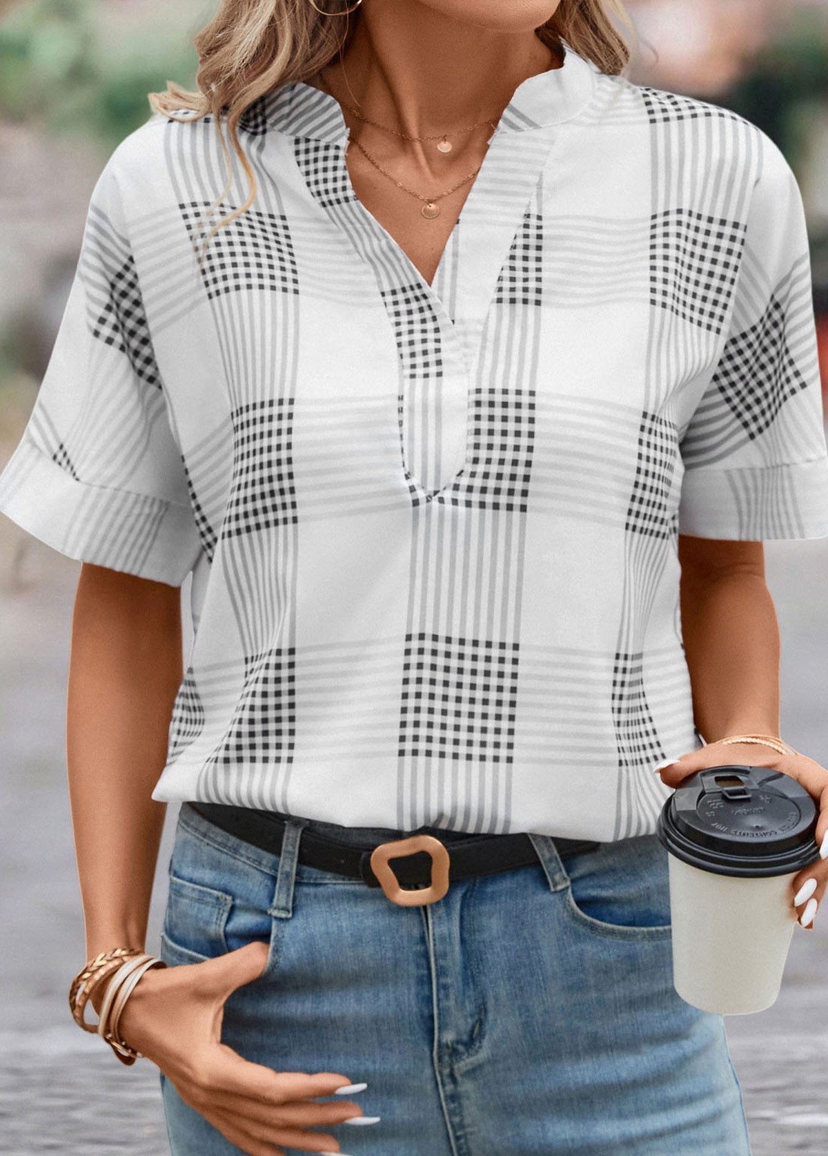 Grey Split Plaid Short Sleeve Blouse | picture 